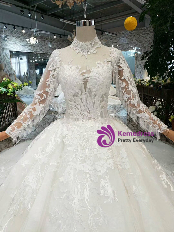 Shop 2019 Long & Short Ivory White Ball Gown Tulle Appliques High Neck Long Sleeve Wedding Dress With Factory Price From Kemedress