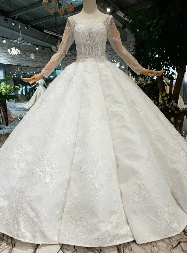 Shop 2019 Long & Short Ivory White Ball Gown Appliques Bateau Long Sleeve Floor Length Wedding Dress With Factory Price From Kemedress