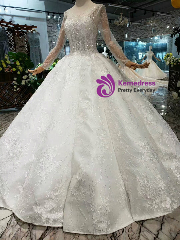 Shop 2019 Long & Short Ivory White Ball Gown Appliques Bateau Long Sleeve Floor Length Wedding Dress With Factory Price From Kemedress