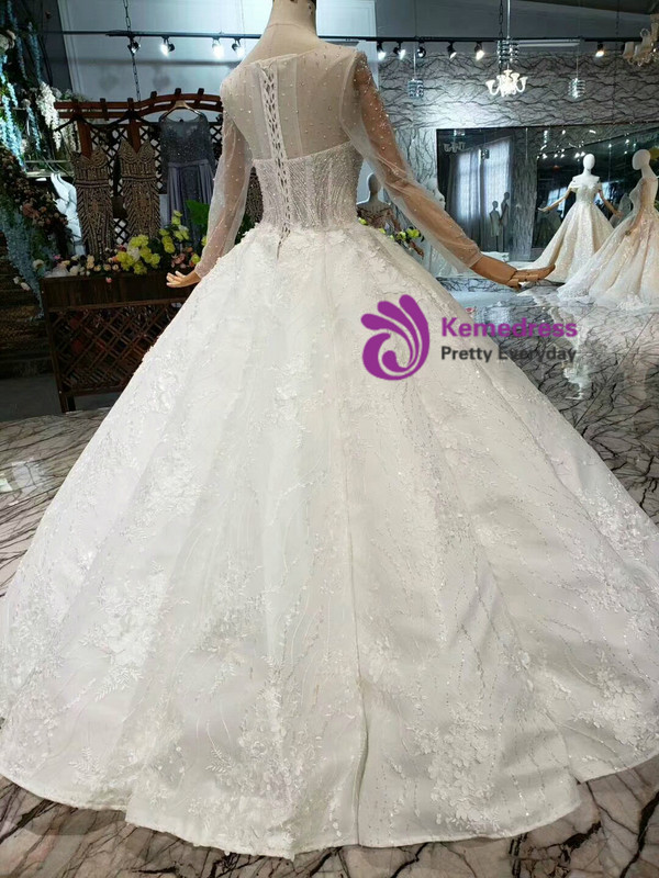 Shop 2019 Long & Short Ivory White Ball Gown Appliques Bateau Long Sleeve Floor Length Wedding Dress With Factory Price From Kemedress