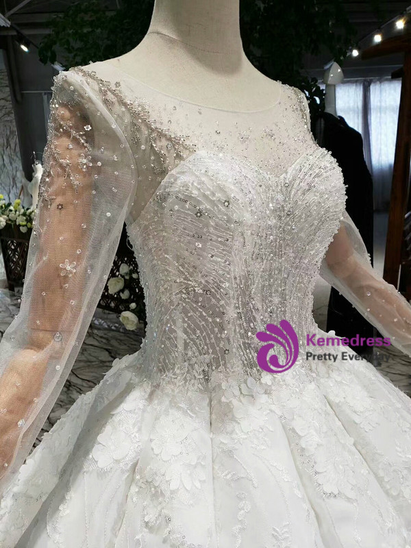 Shop 2019 Long & Short Ivory White Ball Gown Appliques Bateau Long Sleeve Floor Length Wedding Dress With Factory Price From Kemedress