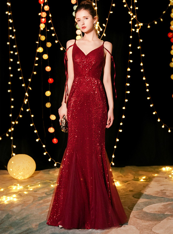 Shop 2019 Long & Short In Stock:Ship in 48 Hours Black Mermaid Burgundy Sequins Spaghetti Straps Prom Dress With Factory Price From Kemedress