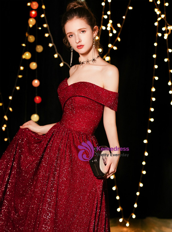 Shop 2019 Long & Short In Stock:Ship in 48 Hours A-Line Burgundy Sequins Off The Shoulder Prom Dress With Factory Price From Kemedress