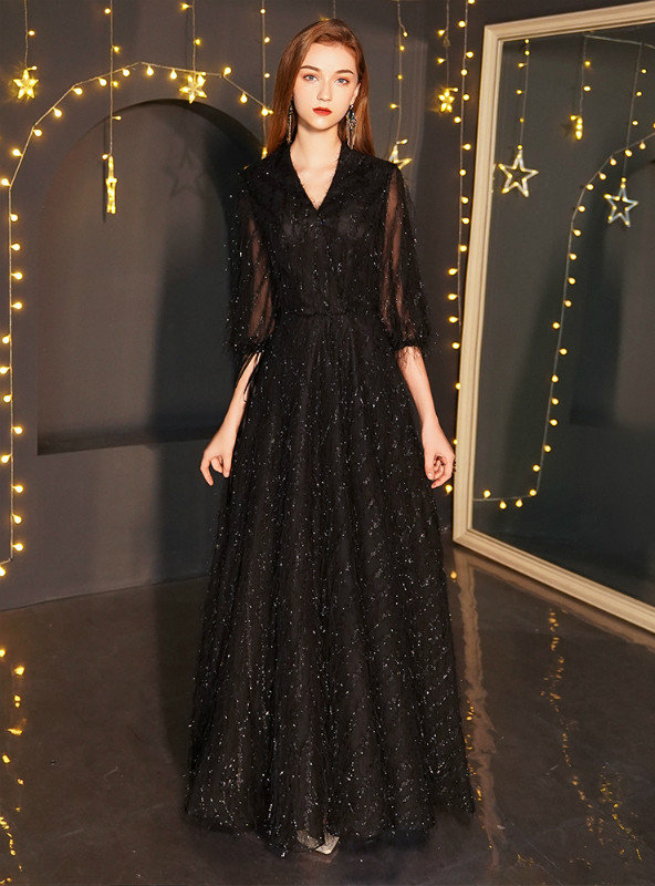 Shop 2019 Long & Short In Stock:Ship in 48 Hours Black Sequins V-neck Long Sleeve Prom Dress With Factory Price From Kemedress