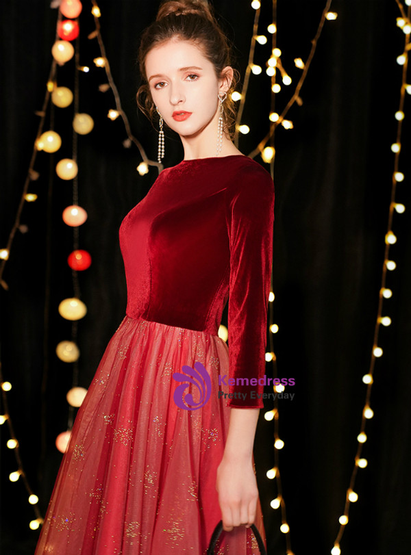 Shop 2019 Long & Short In Stock:Ship in 48 Hours Burgundy Tulle Velvet Long Sleeve Prom Dress With Factory Price From Kemedress