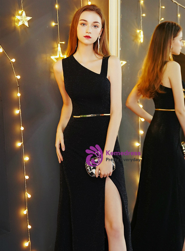Shop 2019 Long & Short In Stock:Ship in 48 Hours Black Asymmetrical Neck Prom Dress With Sash With Factory Price From Kemedress