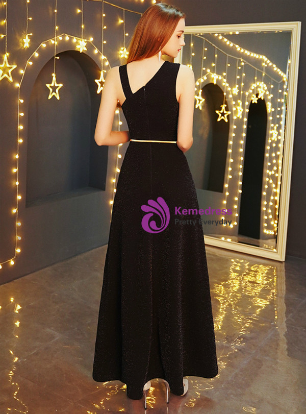 Shop 2019 Long & Short In Stock:Ship in 48 Hours Black Asymmetrical Neck Prom Dress With Sash With Factory Price From Kemedress