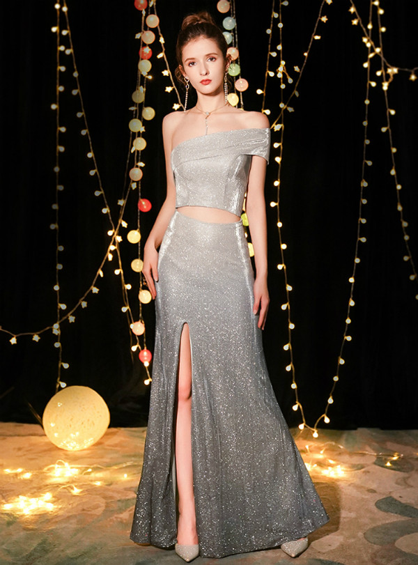 Shop 2019 Long & Short In Stock:Ship in 48 Hours Silver Mermaid Off The Shoulder Cut Out Prom Dress With Factory Price From Kemedress