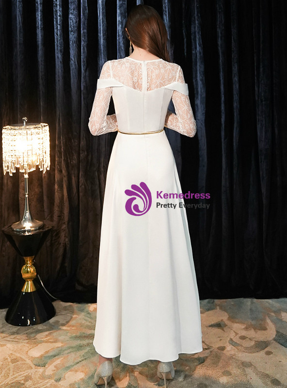 Shop 2019 Long & Short In Stock:Ship in 48 Hours White Long Sleeve Lace Satin Prom Dress With Factory Price From Kemedress