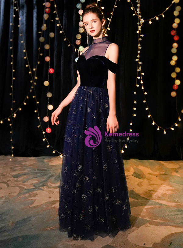 Shop 2019 Long & Short In Stock:Ship in 48 Hours Navy Blue Tulle High Neck Prom Dress With Factory Price From Kemedress