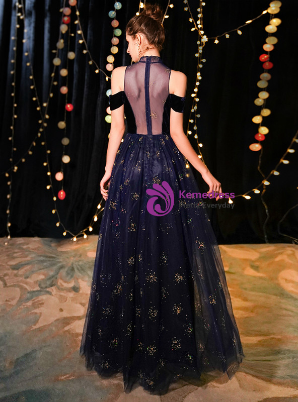 Shop 2019 Long & Short In Stock:Ship in 48 Hours Navy Blue Tulle High Neck Prom Dress With Factory Price From Kemedress