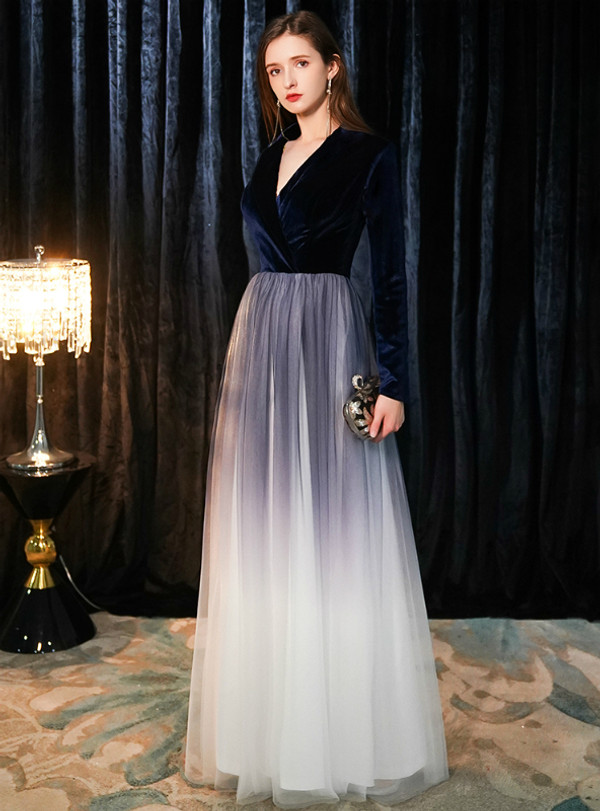 Shop 2019 Long & Short In Stock:Ship in 48 Hours Navy Blue Tulle V-neck Long Sleeve Prom Dress With Factory Price From Kemedress