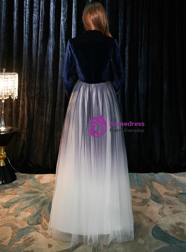 Shop 2019 Long & Short In Stock:Ship in 48 Hours Navy Blue Tulle V-neck Long Sleeve Prom Dress With Factory Price From Kemedress