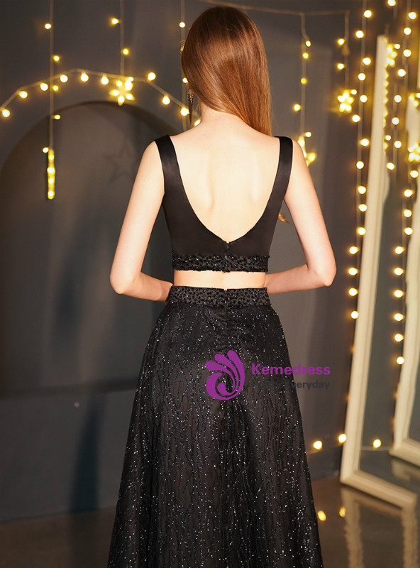 Shop 2019 Long & Short In Stock:Ship in 48 Hours Black Two Piece Sequins V-neck Prom Dress With Factory Price From Kemedress