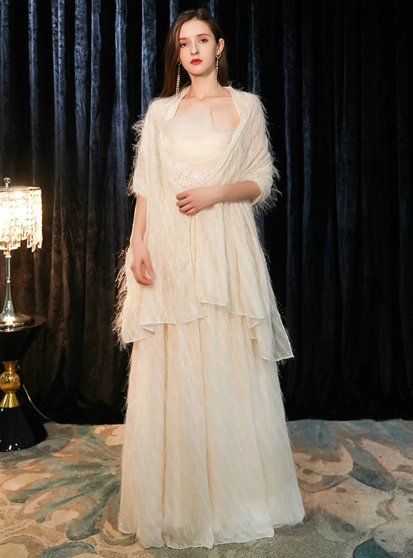 Shop 2019 Long & Short In Stock:Ship in 48 Hours Champagne Tulle Tassel Strapless Prom Dress With Factory Price From Kemedress