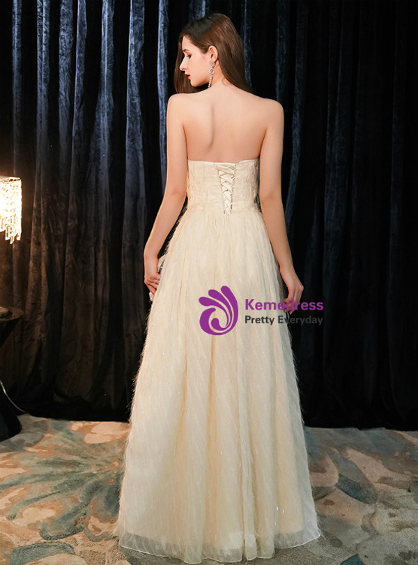 Shop 2019 Long & Short In Stock:Ship in 48 Hours Champagne Tulle Tassel Strapless Prom Dress With Factory Price From Kemedress