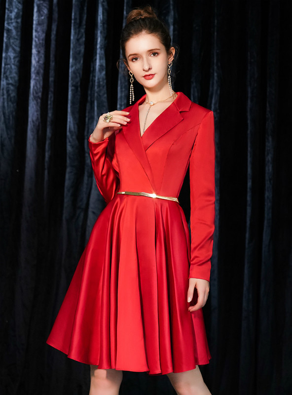 Shop 2019 Long & Short In Stock:Ship in 48 Hours Red Satin V-neck Long Sleeve Short Prom Dress With Factory Price From Kemedress