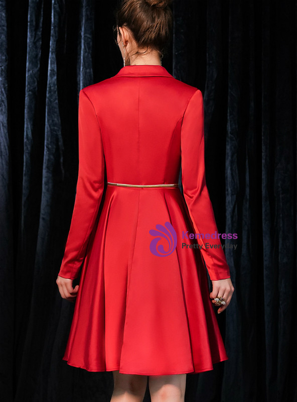 Shop 2019 Long & Short In Stock:Ship in 48 Hours Red Satin V-neck Long Sleeve Short Prom Dress With Factory Price From Kemedress