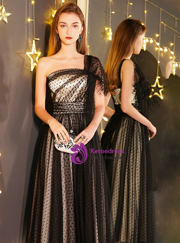 Shop 2019 Long & Short In Stock:Ship in 48 Hours Black Tulle One Shoulder Ankle Length Prom Dress With Factory Price From Kemedress