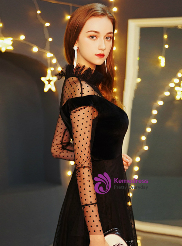 Shop 2019 Long & Short In Stock:Ship in 48 Hours Black Tulle Tulle Long Sleeve Prom Dress With Factory Price From Kemedress
