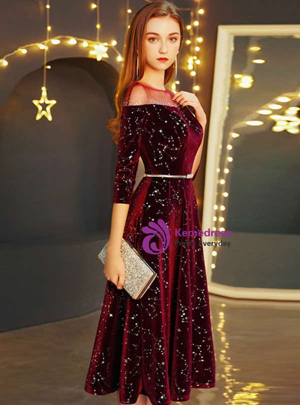 Shop 2019 Long & Short In Stock:Ship in 48 Hours Burgundy Velvet Half Sleeve Prom Dress With Sash With Factory Price From Kemedress