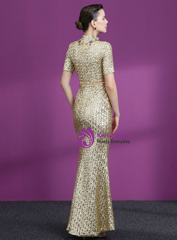 Shop 2019 Long & Short Gold Mermaid Sequins High Neck Short Sleeve Appliques Mother Of The Bride Dress With Factory Price From Kemedress