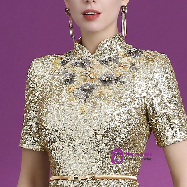 Shop 2019 Long & Short Gold Mermaid Sequins High Neck Short Sleeve Appliques Mother Of The Bride Dress With Factory Price From Kemedress