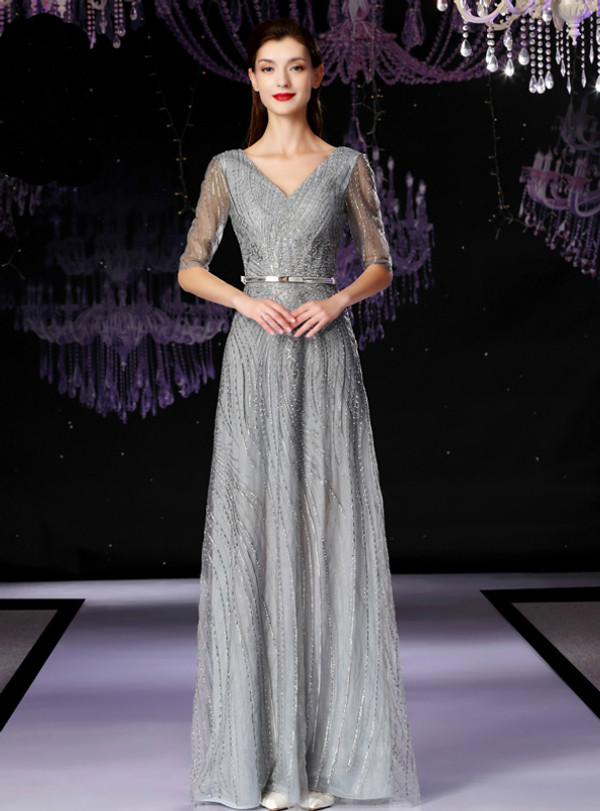 Shop 2019 Long & Short A-Line Silver Gray Sequins V-neck Half Sleeve Mother Of The Bride Dress With Factory Price From Kemedress