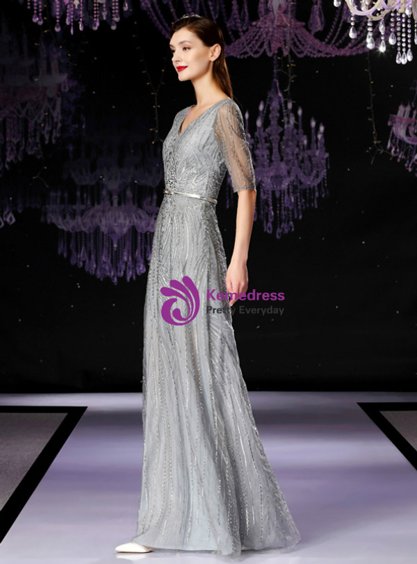 Shop 2019 Long & Short A-Line Silver Gray Sequins V-neck Half Sleeve Mother Of The Bride Dress With Factory Price From Kemedress