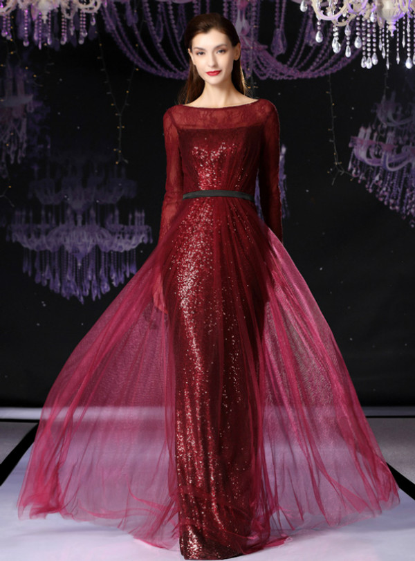 Shop 2019 Long & Short A-Line Burgundy Tulle Sequins Long Sleeve Mother Of The Bride Dress With Factory Price From Kemedress