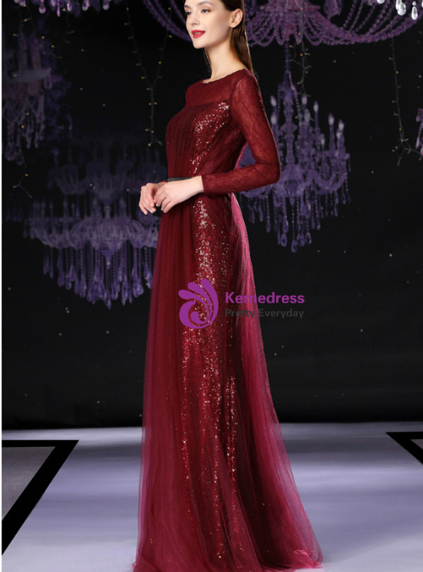 Shop 2019 Long & Short A-Line Burgundy Tulle Sequins Long Sleeve Mother Of The Bride Dress With Factory Price From Kemedress