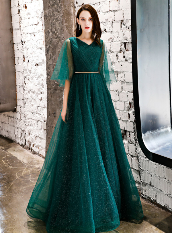 Shop 2019 Long & Short In Stock:Ship in 48 Hours Green Tulle V-neck Sequins Prom Dress With Factory Price From Kemedress