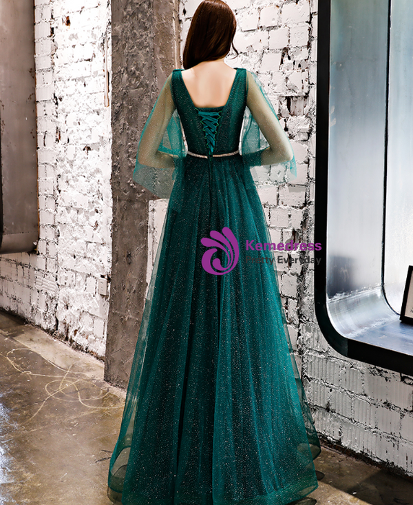 Shop 2019 Long & Short In Stock:Ship in 48 Hours Green Tulle V-neck Sequins Prom Dress With Factory Price From Kemedress