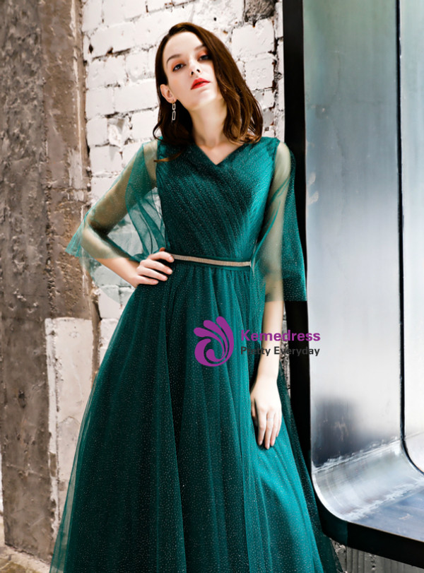 Shop 2019 Long & Short In Stock:Ship in 48 Hours Green Tulle V-neck Sequins Prom Dress With Factory Price From Kemedress