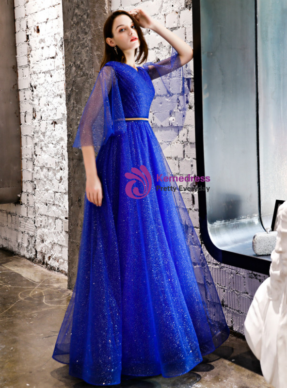 Shop 2019 Long & Short In Stock:Ship in 48 Hours Royal Blue Tulle Sequins Long Prom Dress With Factory Price From Kemedress
