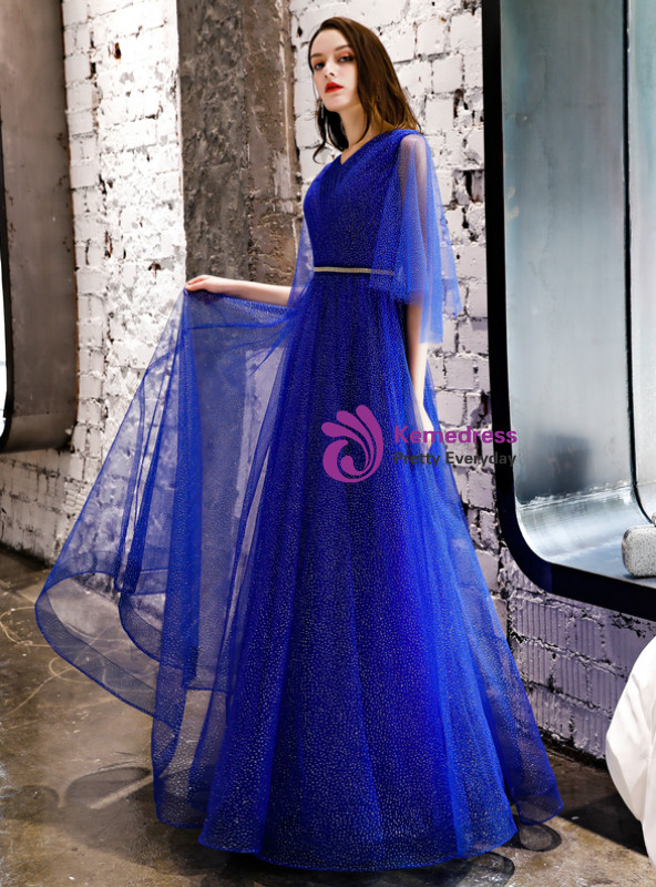 Shop 2019 Long & Short In Stock:Ship in 48 Hours Royal Blue Tulle Sequins Long Prom Dress With Factory Price From Kemedress