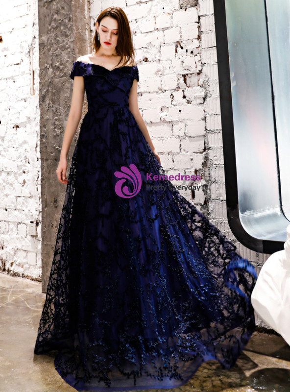 Shop 2019 Long & Short In Stock:Ship in 48 Hours Navy Blue Lace Off the Shoulder Prom Dress With Factory Price From Kemedress