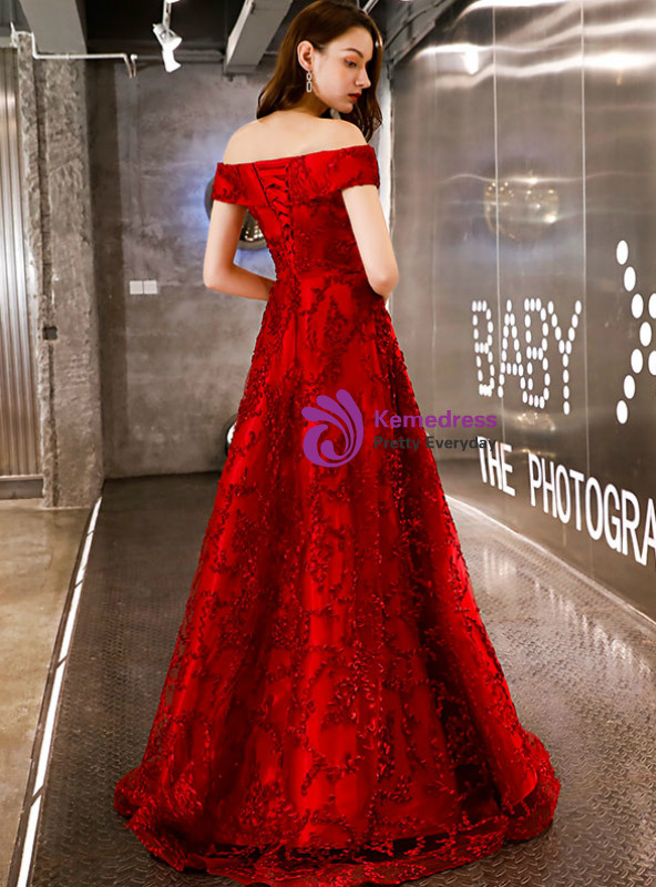 Shop 2019 Long & Short In Stock:Ship in 48 Hours Red Lace Off the Shoulder Prom Dress With Factory Price From Kemedress