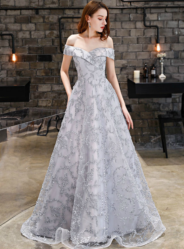Shop 2019 Long & Short In Stock:Ship in 48 Hours Gray Lace Off the Shoulder Prom Dress With Factory Price From Kemedress