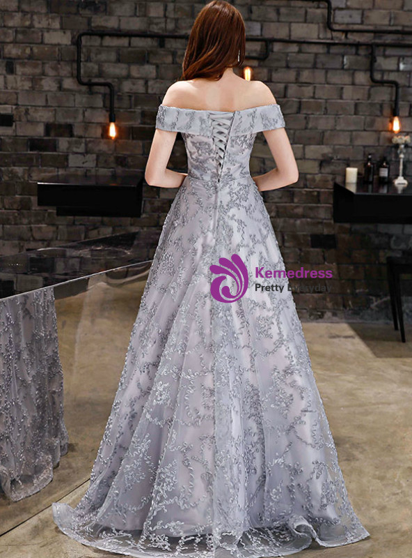Shop 2019 Long & Short In Stock:Ship in 48 Hours Gray Lace Off the Shoulder Prom Dress With Factory Price From Kemedress