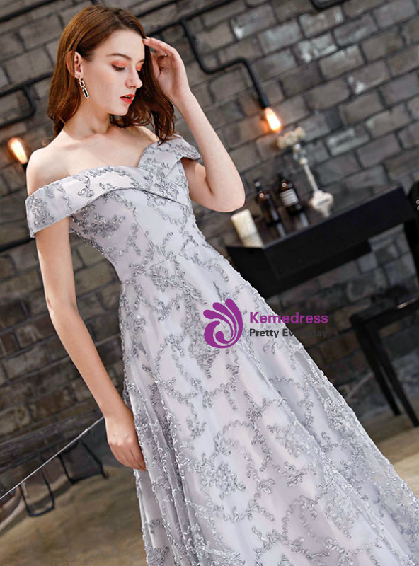 Shop 2019 Long & Short In Stock:Ship in 48 Hours Gray Lace Off the Shoulder Prom Dress With Factory Price From Kemedress