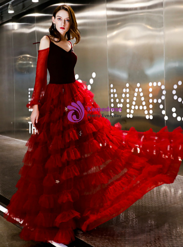 Shop 2019 Long & Short In Stock:Ship in 48 Hours Burgundy Tulle Spaghetti Straps Backless Prom Dress With Factory Price From Kemedress