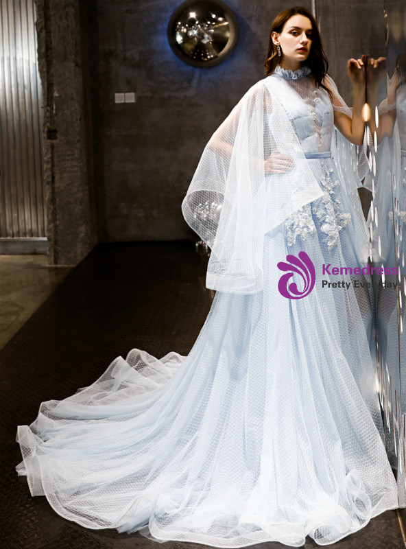 Shop 2019 Long & Short In Stock:Ship in 48 Hours Blue Tulle High Neck Backless Appliques Prom Dress With Factory Price From Kemedress