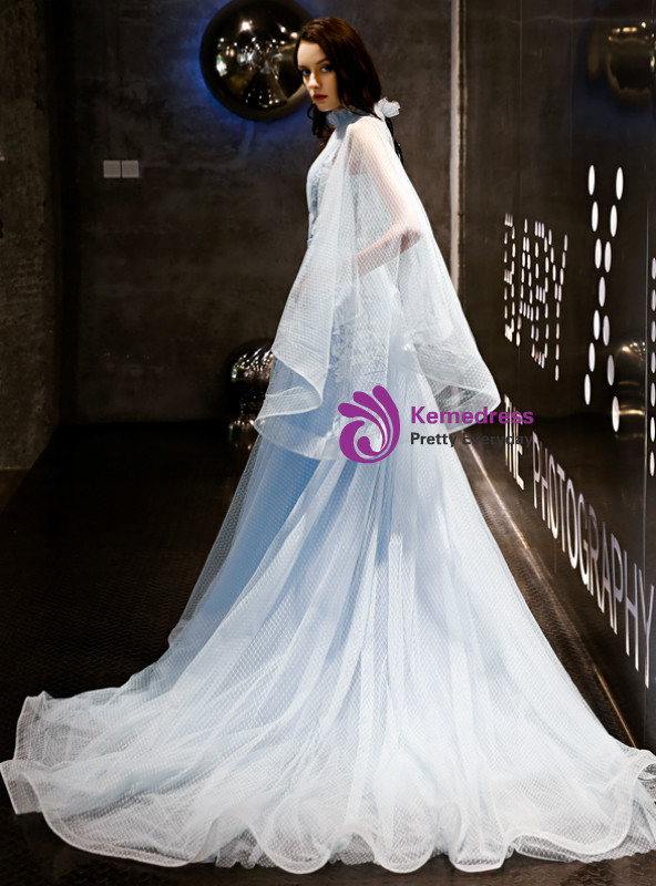 Shop 2019 Long & Short In Stock:Ship in 48 Hours Blue Tulle High Neck Backless Appliques Prom Dress With Factory Price From Kemedress