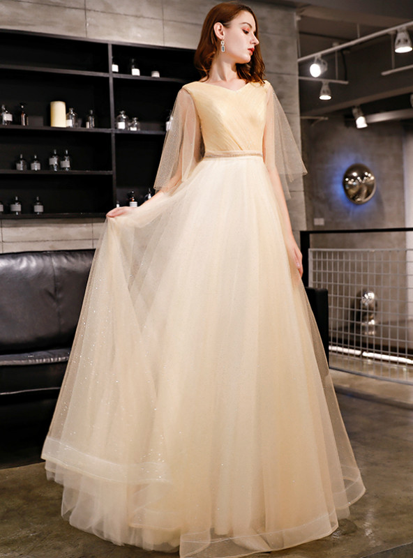 Shop 2019 Long & Short In Stock:Ship in 48 Hours Champagne Tulle Sequins Long Prom Dress With Factory Price From Kemedress