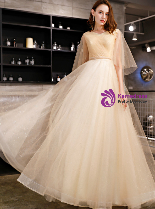 Shop 2019 Long & Short In Stock:Ship in 48 Hours Champagne Tulle Sequins Long Prom Dress With Factory Price From Kemedress