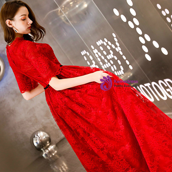 Shop 2019 Long & Short In Stock:Ship in 48 Hours Red Lace Short Sleeve Long Prom Dress With Factory Price From Kemedress