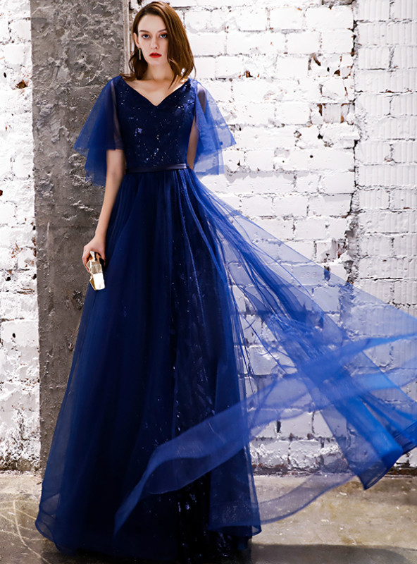 Shop 2019 Long & Short In Stock:Ship in 48 Hours Navy Blue Tulle Sequins V-neck Prom Dress With Factory Price From Kemedress