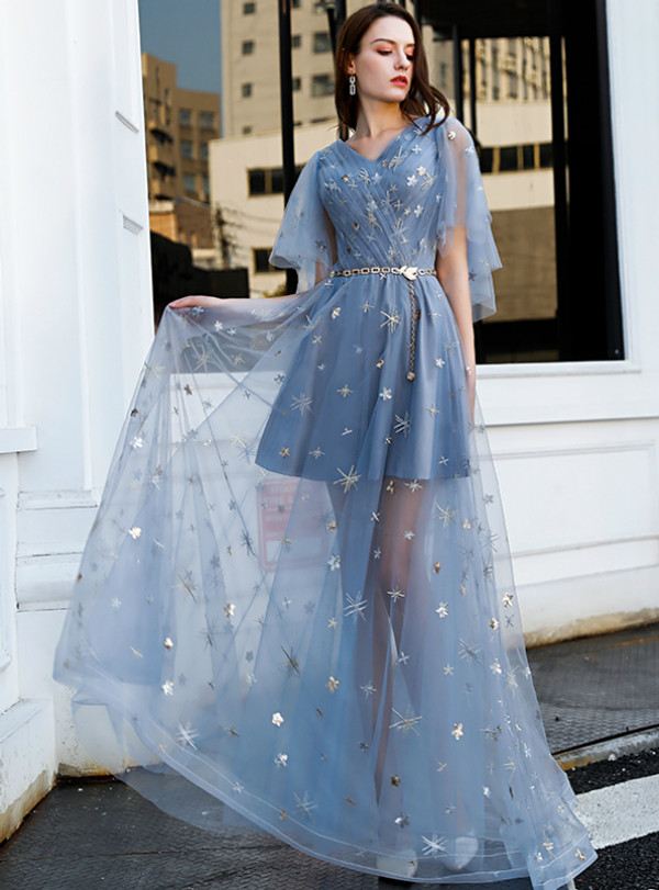 Shop 2019 Long & Short In Stock:Ship in 48 Hours Blue Tulle V-neck Flying Sleeve Prom Dress With Factory Price From Kemedress