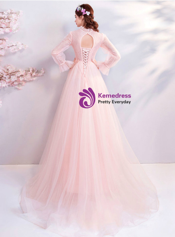 Shop 2019 Long & Short In Stock:Ship in 48 Hours Pink Tulle Long Sleeve Appliques Prom Dress With Factory Price From Kemedress